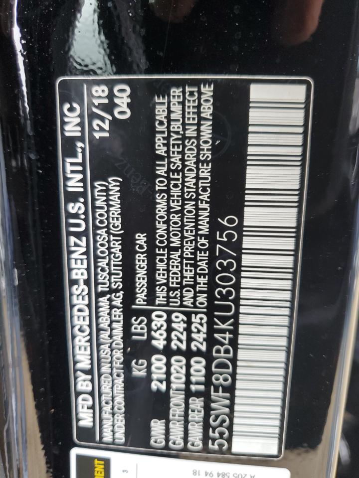 2019 Mercedes-Benz C-klasse VIN 55SWF8DB4KU303756 Copart auction photo, water/flood damage thumbnail 13