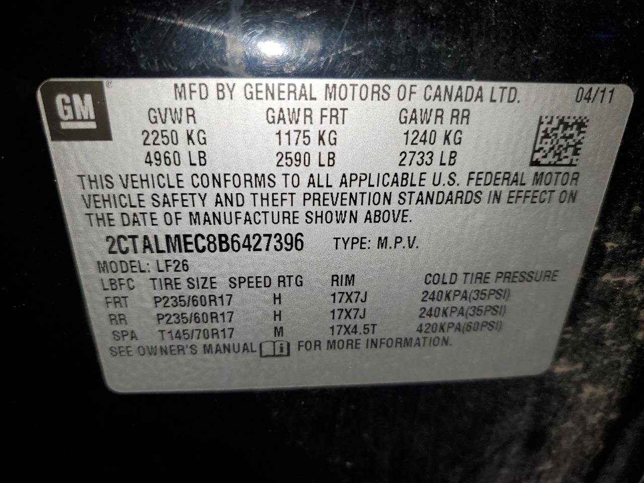 2011 GMC Terrain VIN 2CTALMEC8B6427396 Copart auction photo, front end / minor dent/scratches damage thumbnail 14