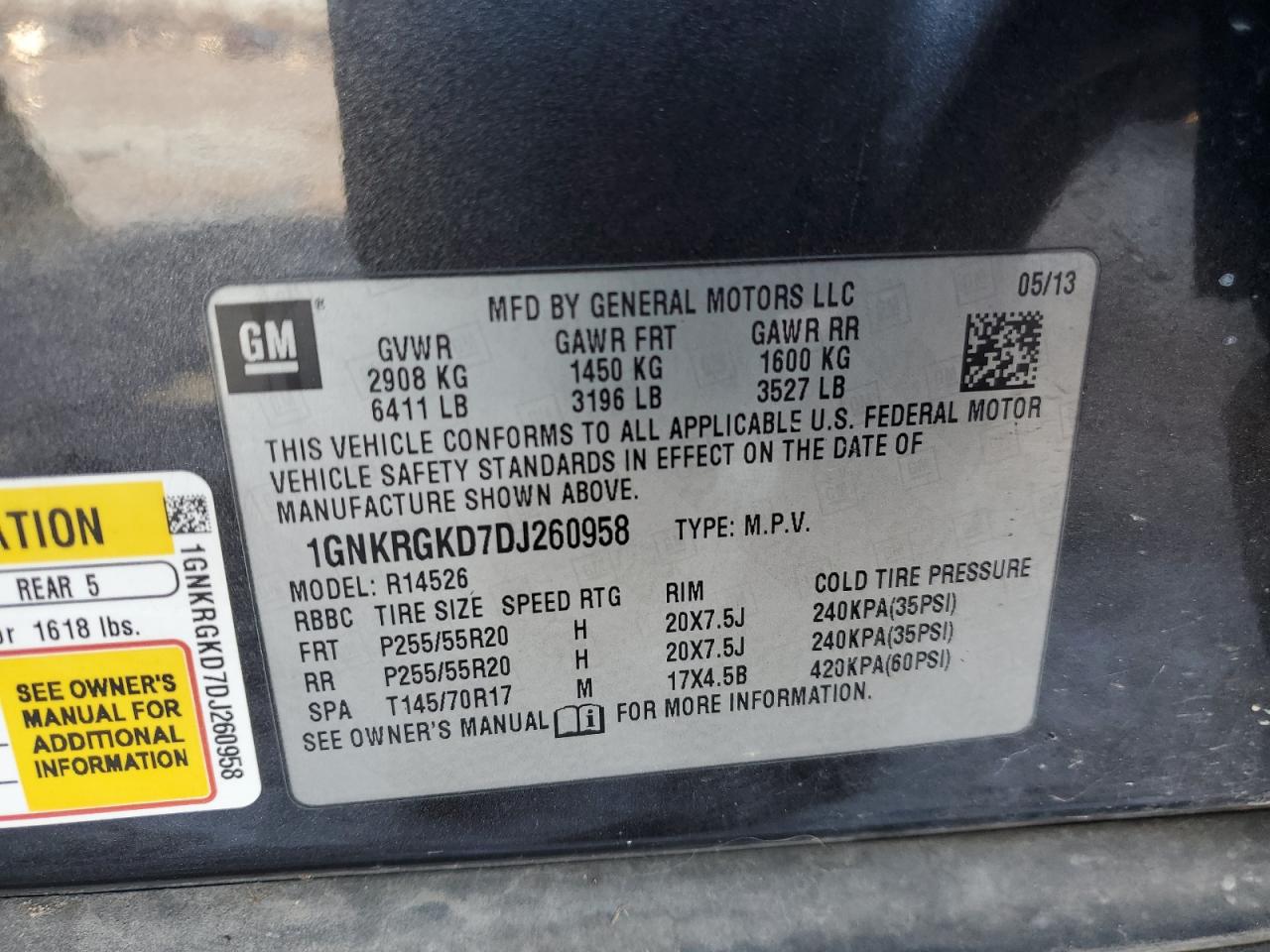 2013 Chevrolet Traverse VIN 1GNKRGKD7DJ260958 Copart auction photo, front end / side damage thumbnail 13