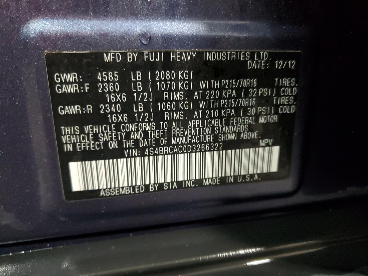 2013 Subaru Outback VIN 4S4BRCAC0D3266322 Copart auction photo, rear end damage thumbnail 14