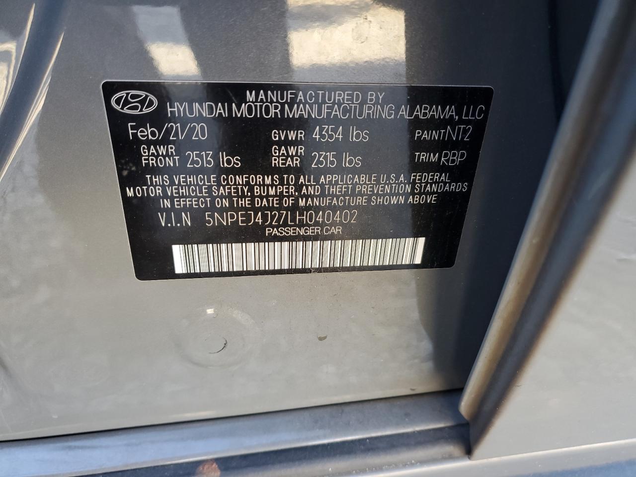 2020 Hyundai Sonata VIN 5NPEJ4J27LH040402 Copart auction photo, all over damage thumbnail 13