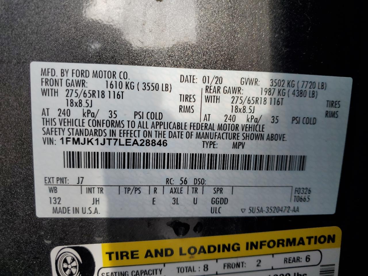 2020 Ford Expedition VIN 1FMJK1JT7LEA28846 Copart auction photo, front end damage thumbnail 13