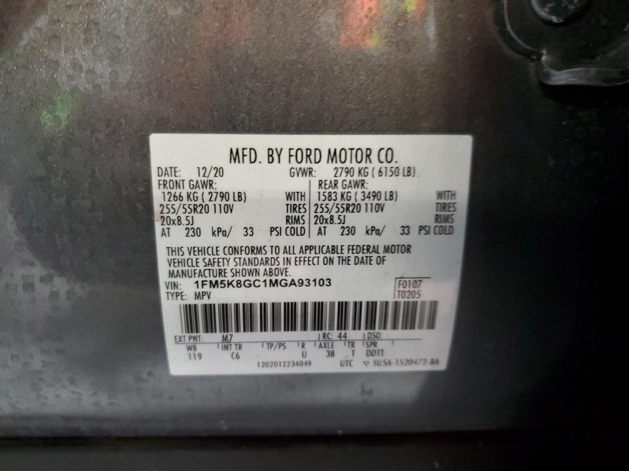2021 Ford Explorer VIN 1FM5K8GC1MGA93103 Copart auction photo, vandalism damage thumbnail 13