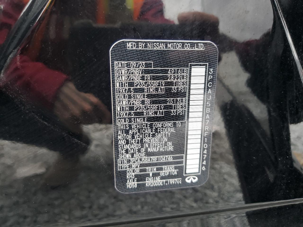 2024 Infiniti QX50 VIN 3PCAJ5BA7RF104746 Copart auction photo, front end damage thumbnail 14
