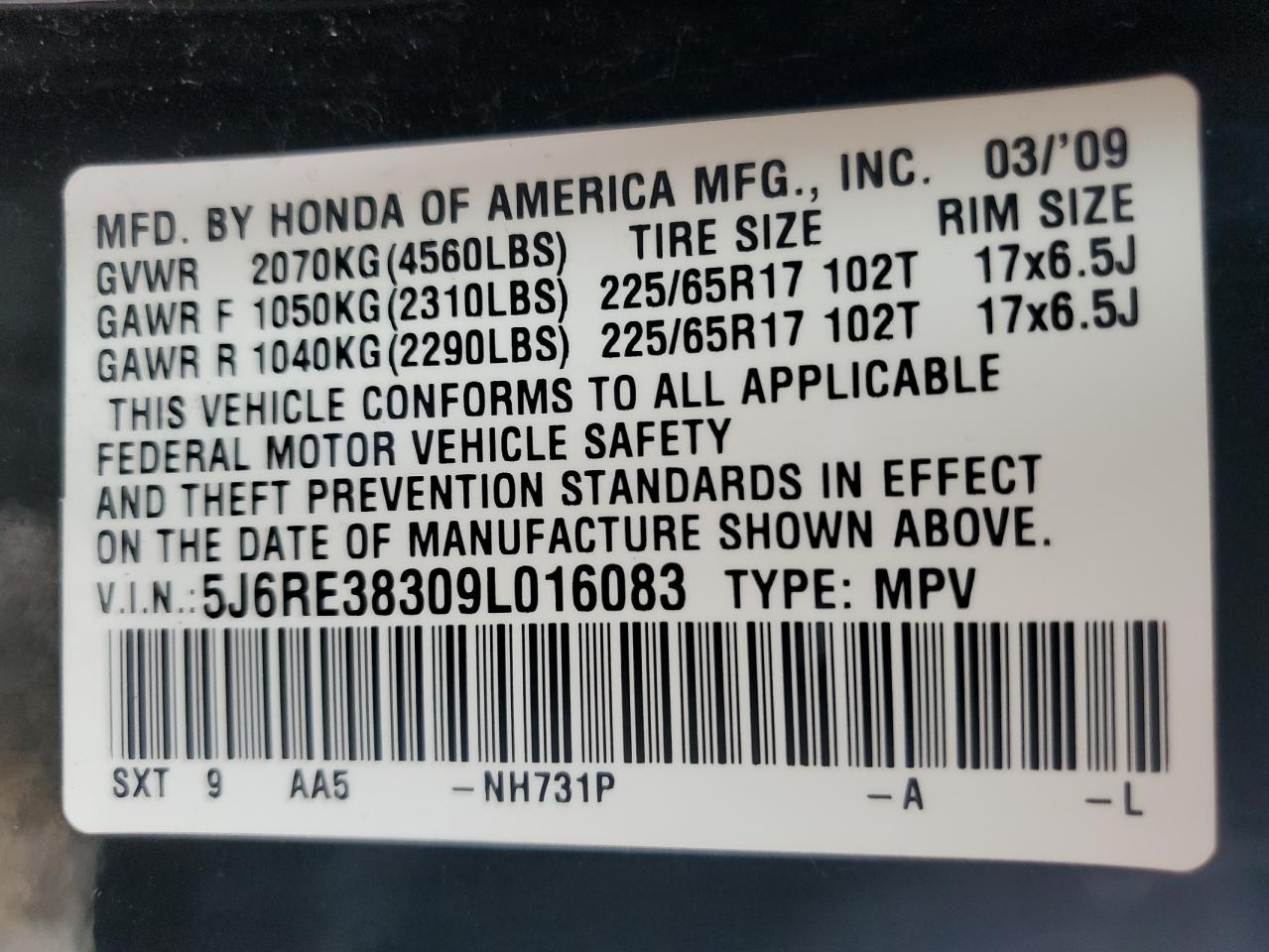 2009 Honda CR-V VIN 5J6RE38309L016083 Copart auction photo, front end damage thumbnail 13