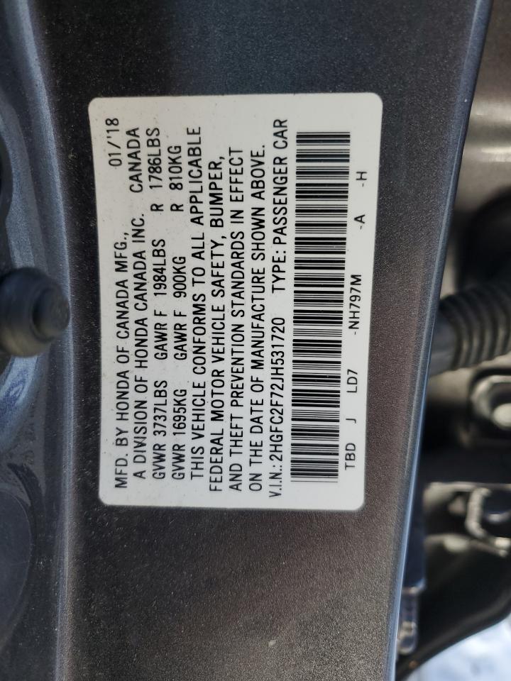 2018 Honda Civic VIN 2HGFC2F72JH531720 Copart auction photo, rear end / front end damage thumbnail 12
