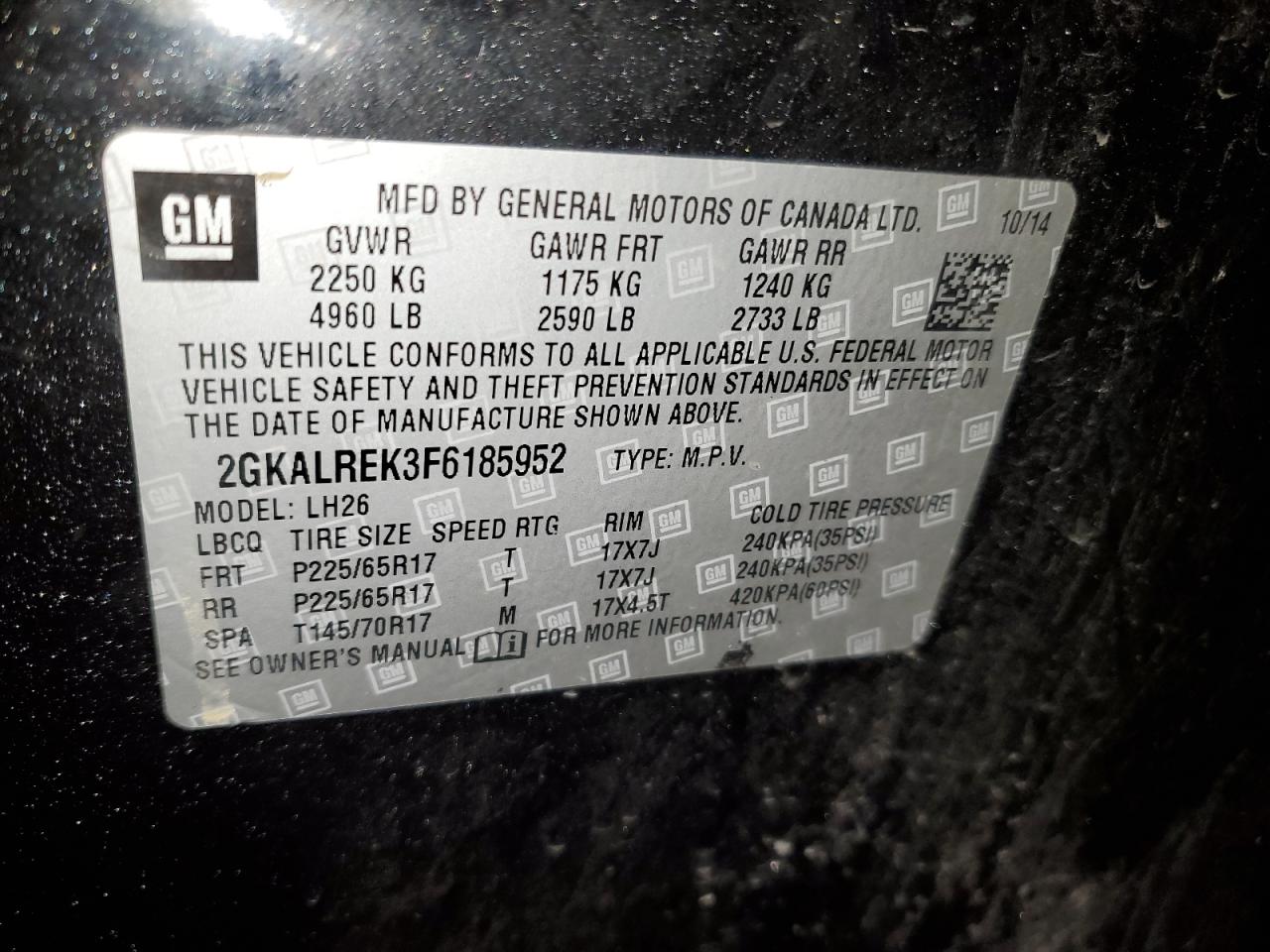2015 GMC Terrain VIN 2GKALREK3F6185952 Copart auction photo, front end / minor dent/scratches damage thumbnail 13