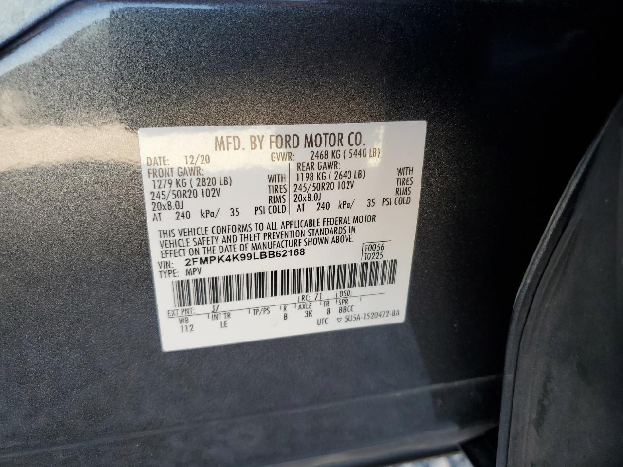 2020 Ford Edge VIN 2FMPK4K99LBB62168 Copart auction photo, front end damage thumbnail 14