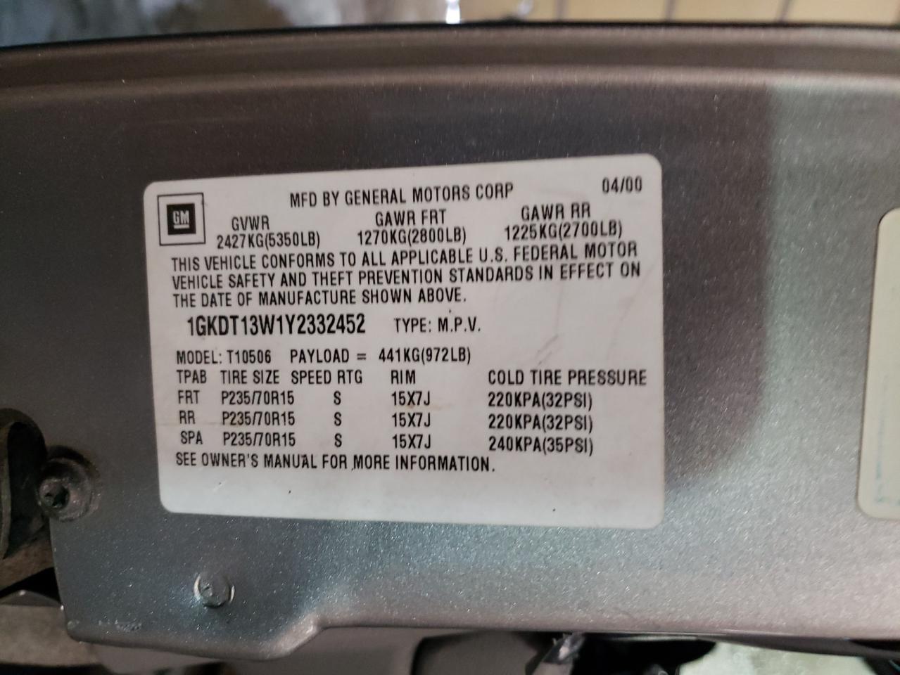 2000 GMC Jimmy VIN 1GKDT13W1Y2332452 Copart auction photo, front end / side damage thumbnail 15