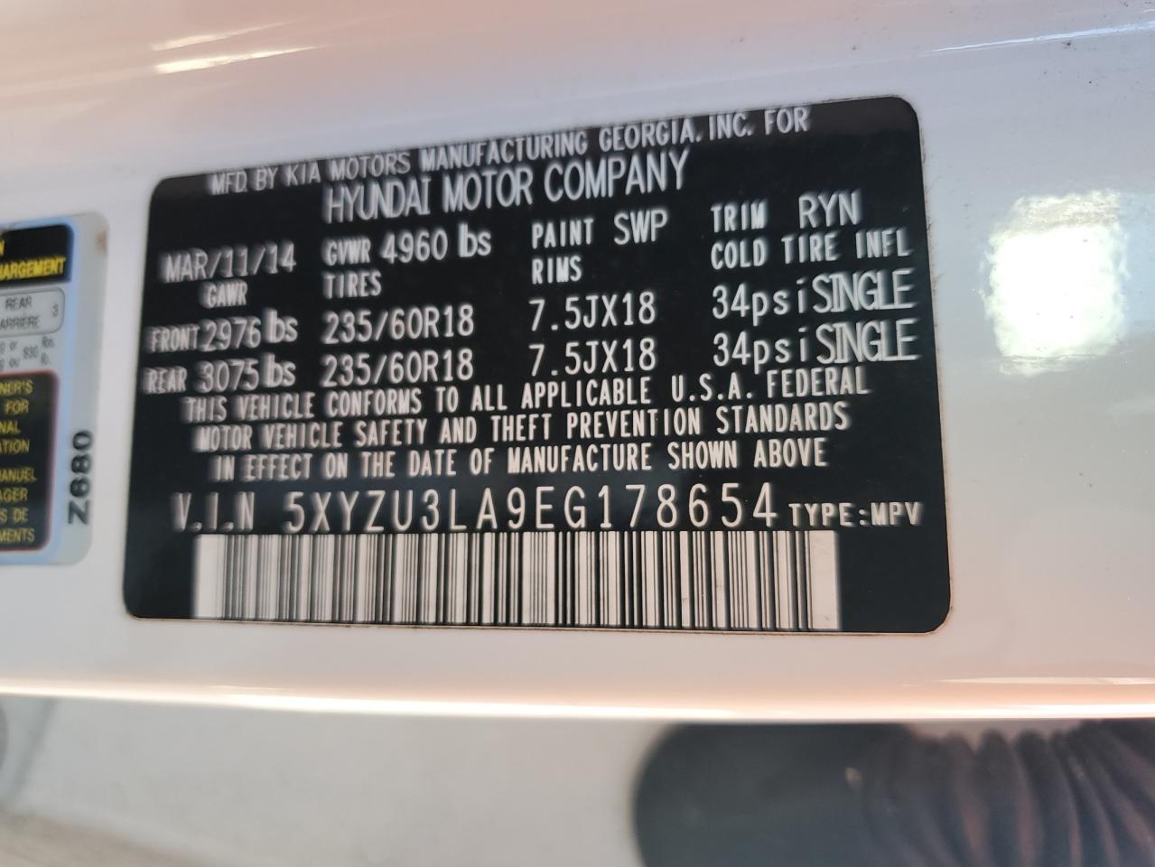 2014 Hyundai Santa Fe VIN 5XYZU3LA9EG178654 Copart auction photo, front end damage thumbnail 13
