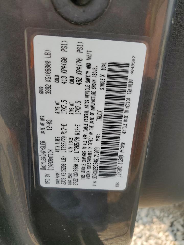2004 Dodge RAM VIN 3D7KU28D94G171028 Copart auction photo, front end damage thumbnail 12