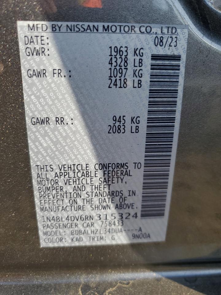 2024 Nissan Altima VIN 1N4BL4DV6RN315324 Copart auction photo, all over damage thumbnail 13