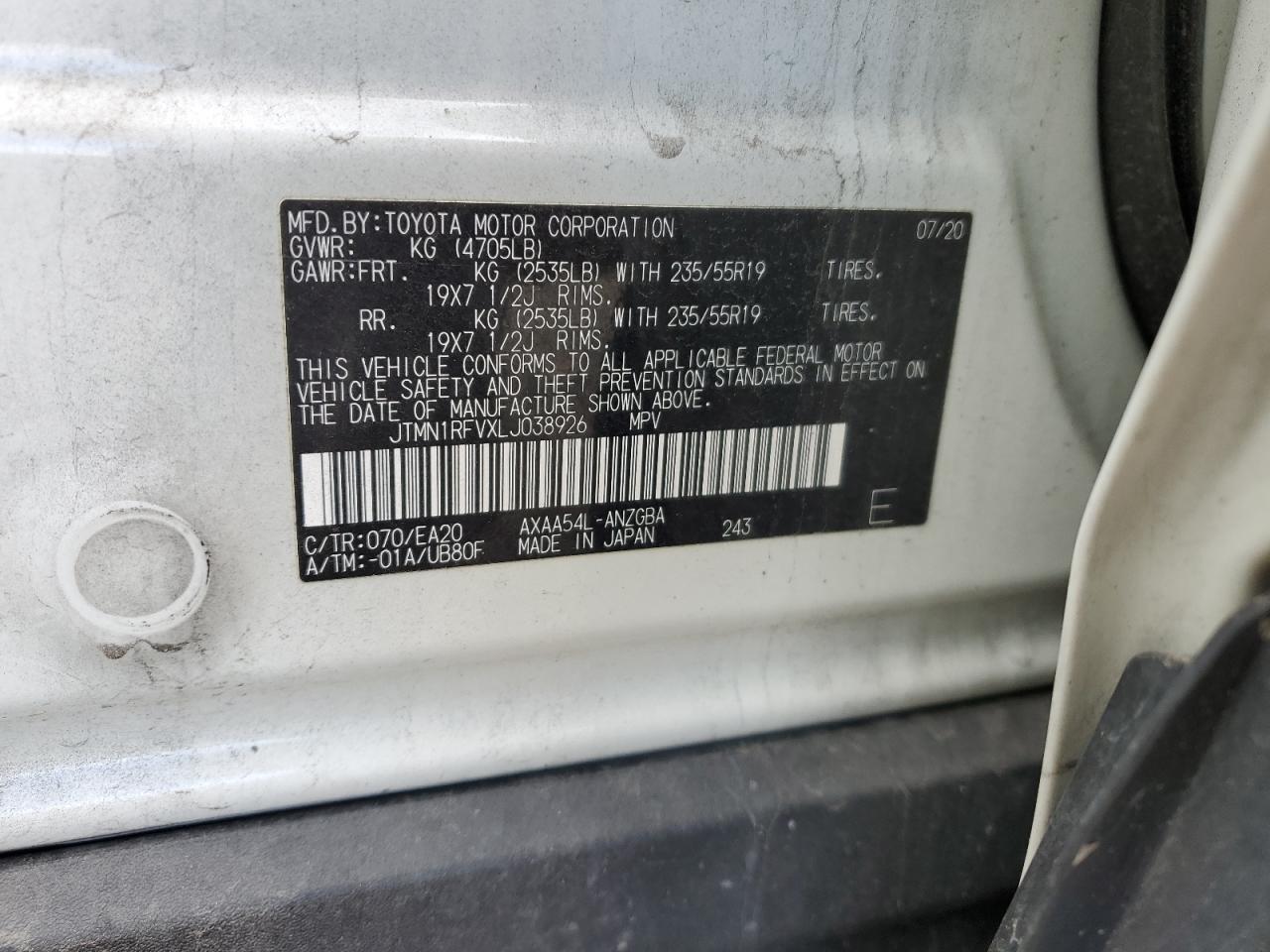 2020 Toyota RAV 4 VIN JTMN1RFVXLJ038926 Copart auction photo, front end / minor dent/scratches damage thumbnail 13
