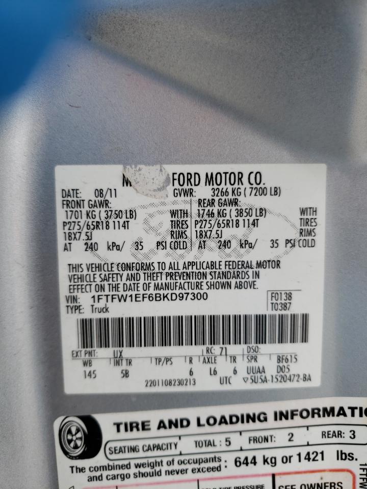 2011 Ford F-150 VIN 1FTFW1EF6BKD97300 Copart auction photo, side damage thumbnail 15