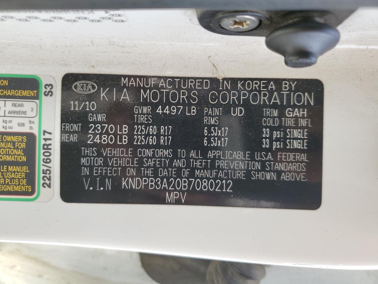 2011 KIA Sportage VIN KNDPB3A20B7080212 Copart auction photo, front end damage thumbnail 13