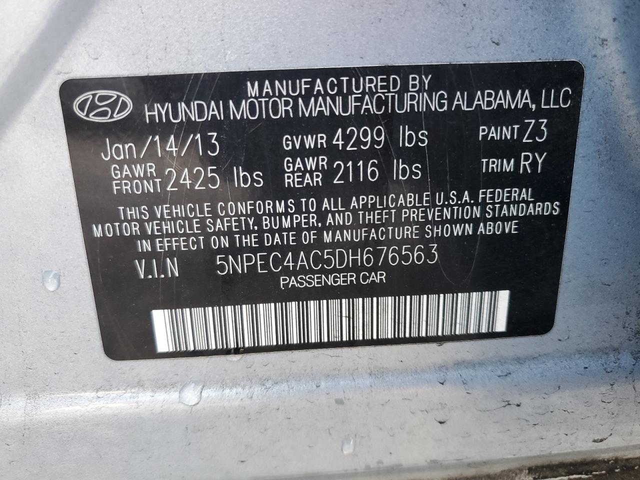 2013 Hyundai Sonata VIN 5NPEC4AC5DH676563 Copart auction photo, front end / undercarriage damage thumbnail 14