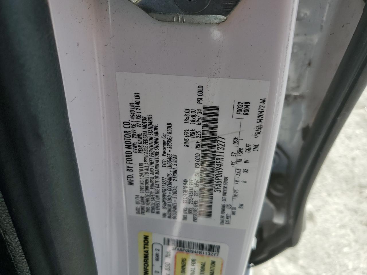 2015 Ford Fusion VIN 3FA6P0H94FR113277 Copart auction photo, mechanical damage thumbnail 13