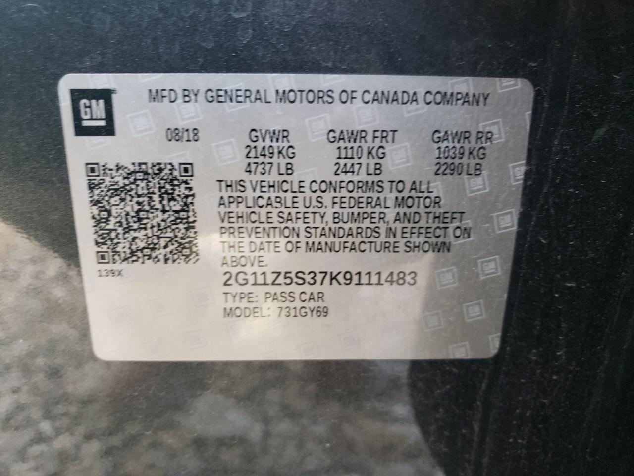 2019 Chevrolet Impala VIN 2G11Z5S37K9111483 Copart auction photo, front end damage thumbnail 13