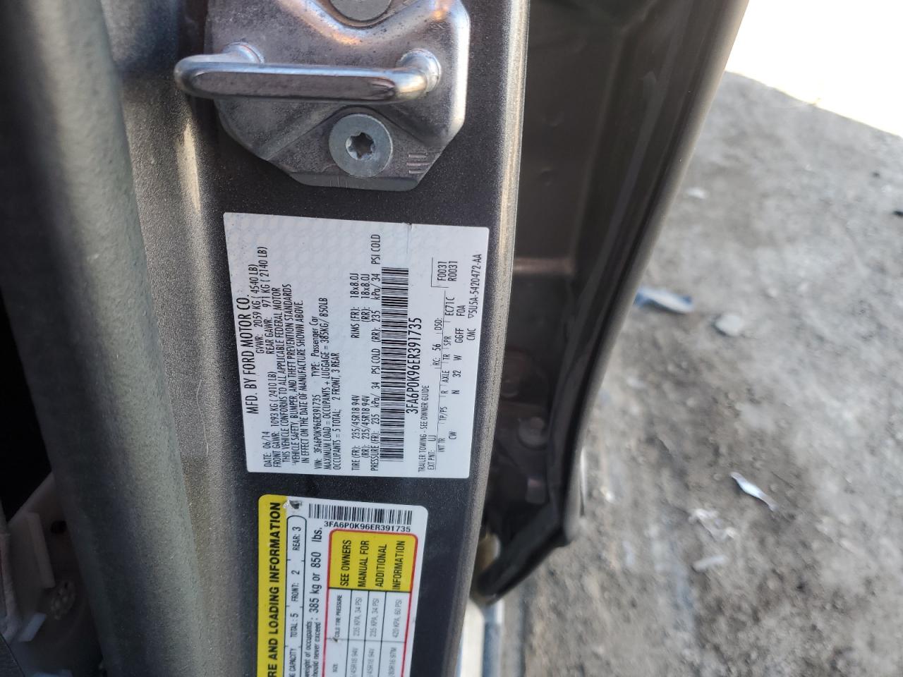 2014 Ford Fusion VIN 3FA6P0K96ER391735 Copart auction photo, all over damage thumbnail 12