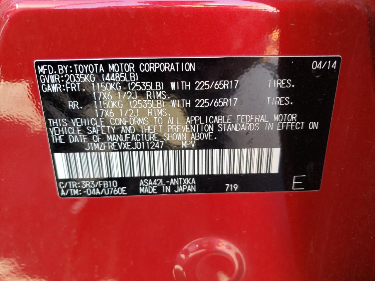 2014 Toyota RAV 4 VIN JTMZFREVXEJ011247 Copart auction photo, front end damage thumbnail 15