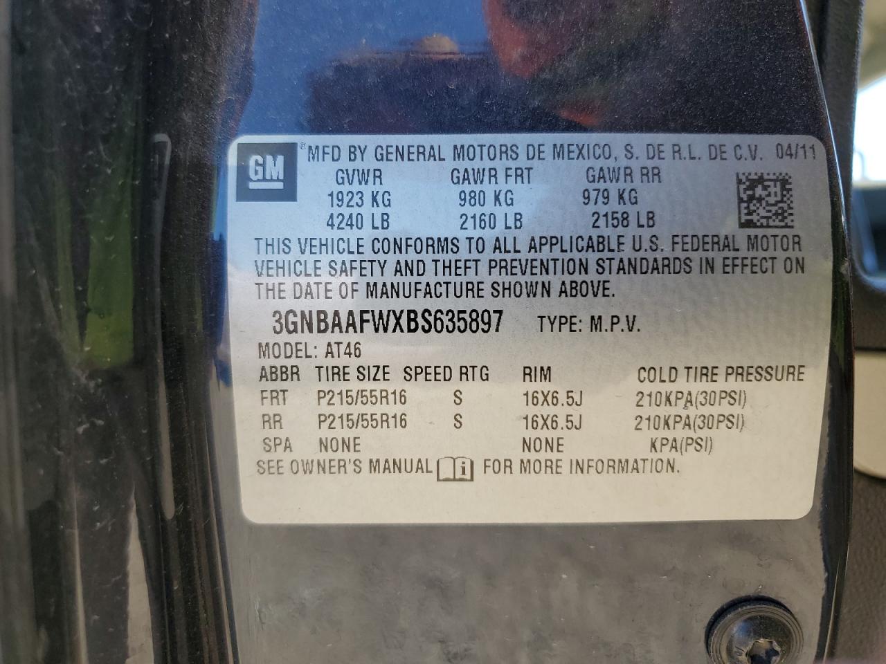 2011 Chevrolet HHR VIN 3GNBAAFWXBS635897 Copart auction photo, all over damage thumbnail 13