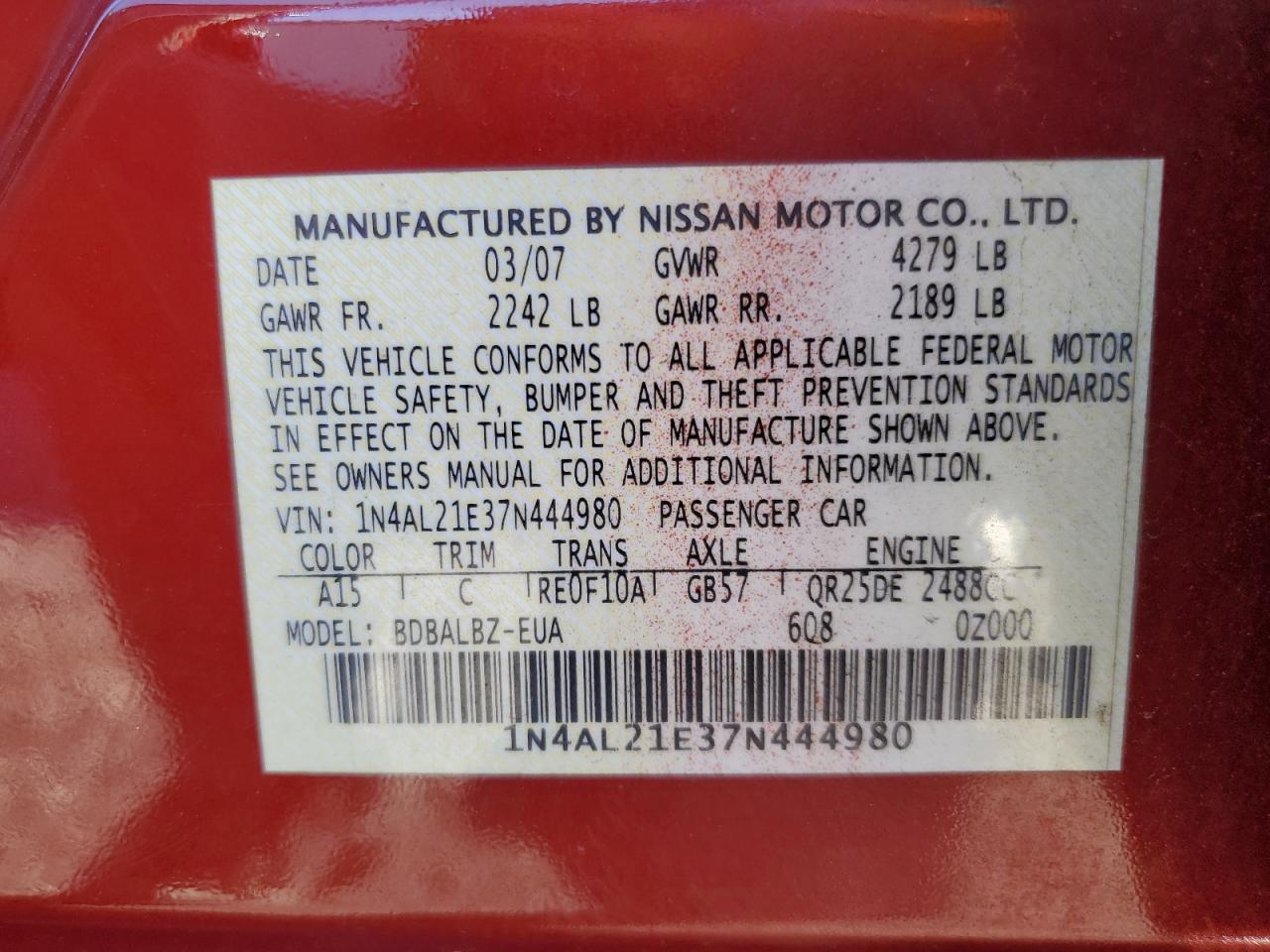 2007 Nissan Altima VIN 1N4AL21E37N444980 Copart auction photo, front end damage thumbnail 14