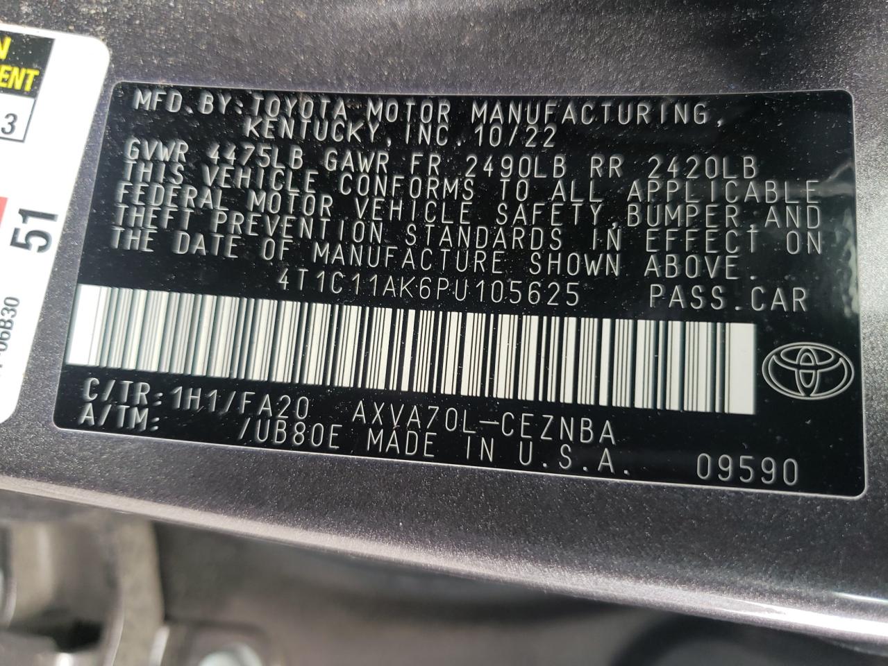 2023 Toyota Camry VIN 4T1C11AK6PU105625 Copart auction photo, front end damage thumbnail 12