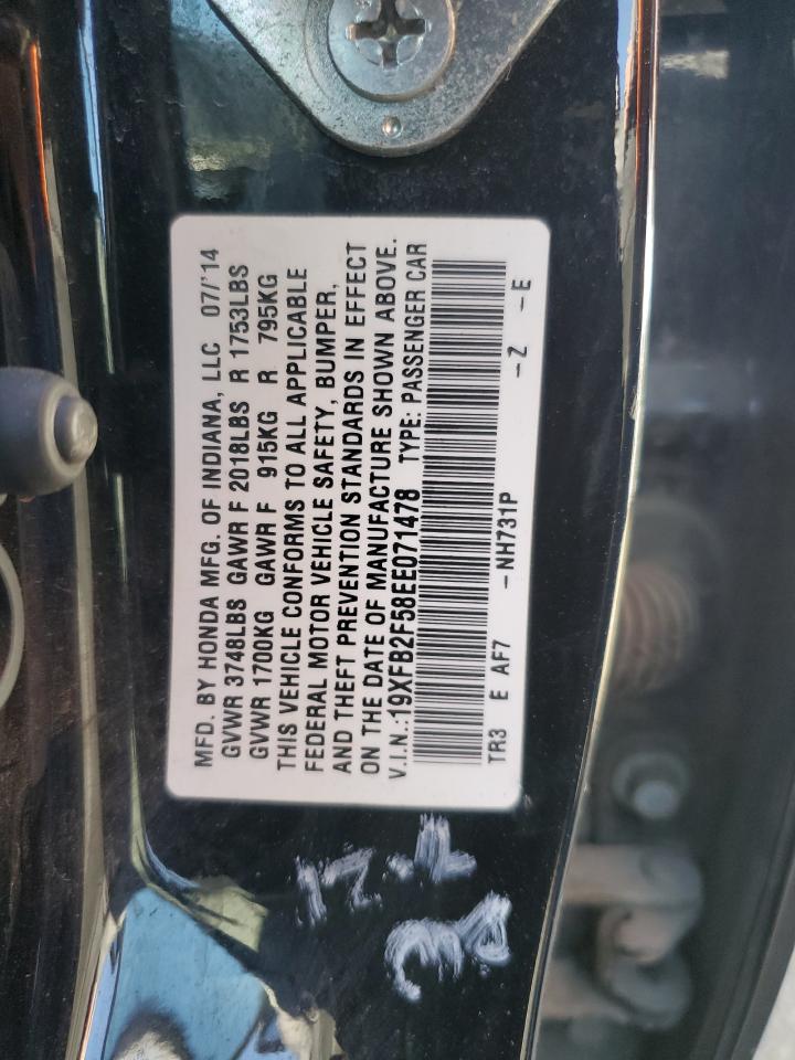 2014 Honda Civic VIN 19XFB2F58EE071478 Copart auction photo, front end damage thumbnail 12
