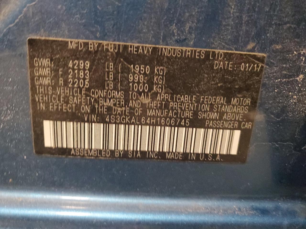 2017 Subaru Impreza VIN 4S3GKAL64H1606745 Copart auction photo, rear end damage thumbnail 12