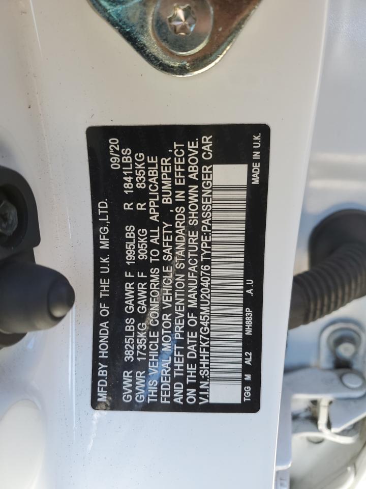 2021 Honda Civic VIN SHHFK7G45MU204076 Copart auction photo, front end / side damage thumbnail 12