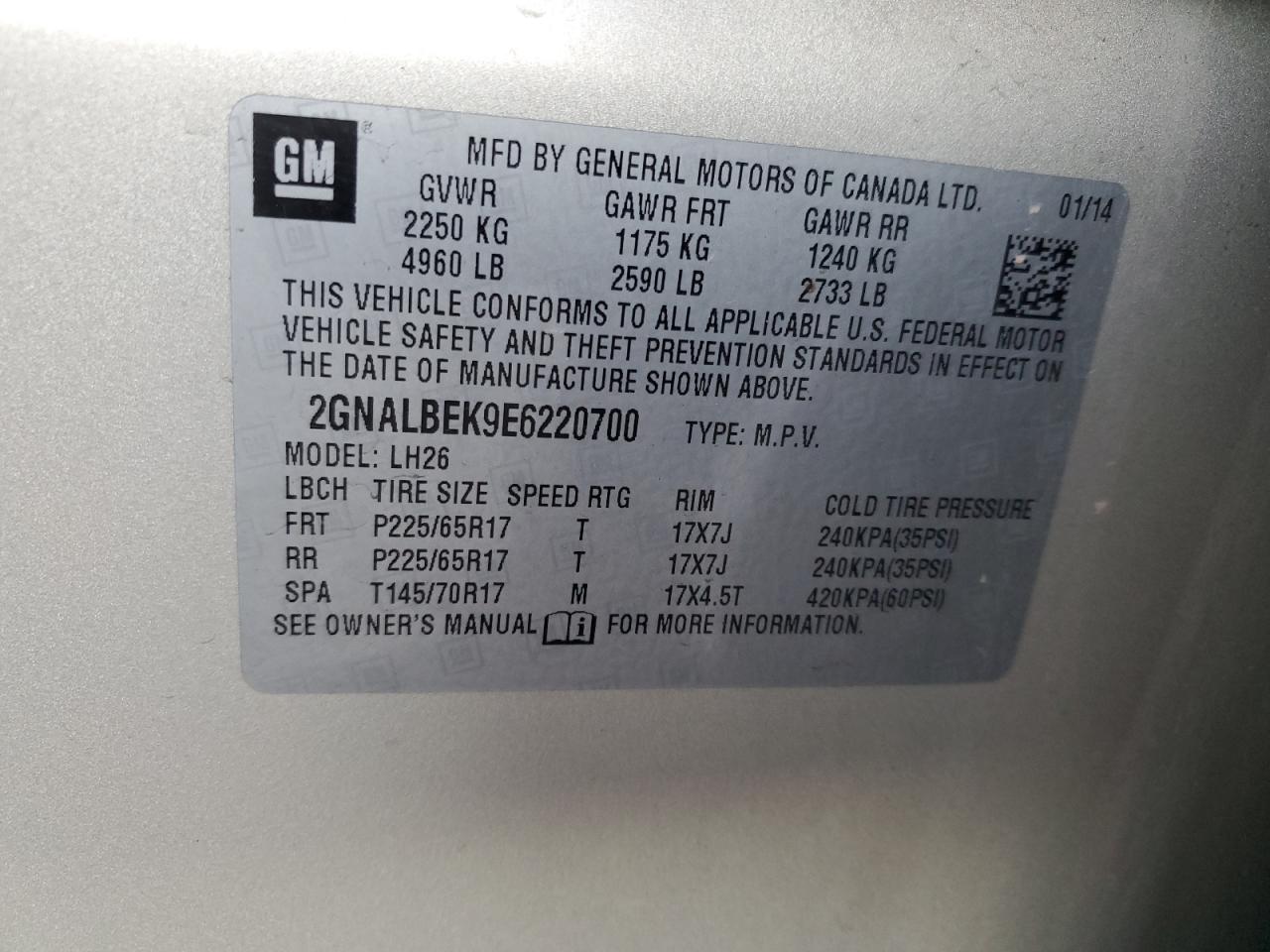 2014 Chevrolet Equinox VIN 2GNALBEK9E6220700 Copart auction photo, front end damage thumbnail 14