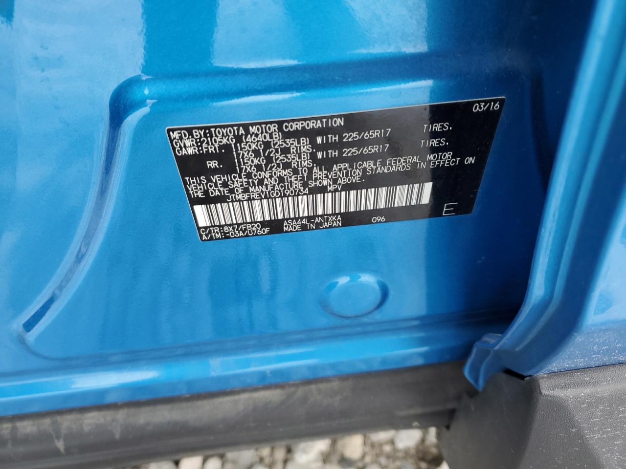 2016 Toyota RAV 4 VIN JTMBFREV1GD190734 Copart auction photo, front end damage thumbnail 14
