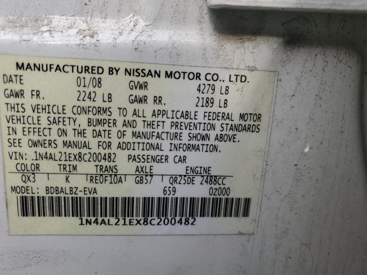2008 Nissan Altima VIN 1N4AL21EX8C200482 Copart auction photo, front end / side damage thumbnail 12