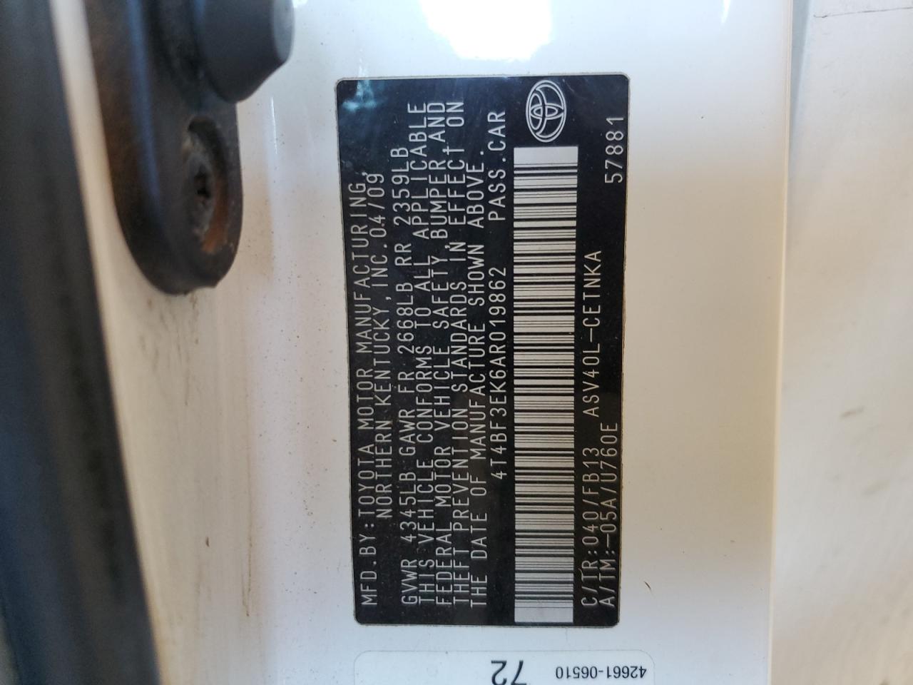 2010 Toyota Camry VIN 4T4BF3EK6AR019862 Copart auction photo, front end / hail damage thumbnail 12