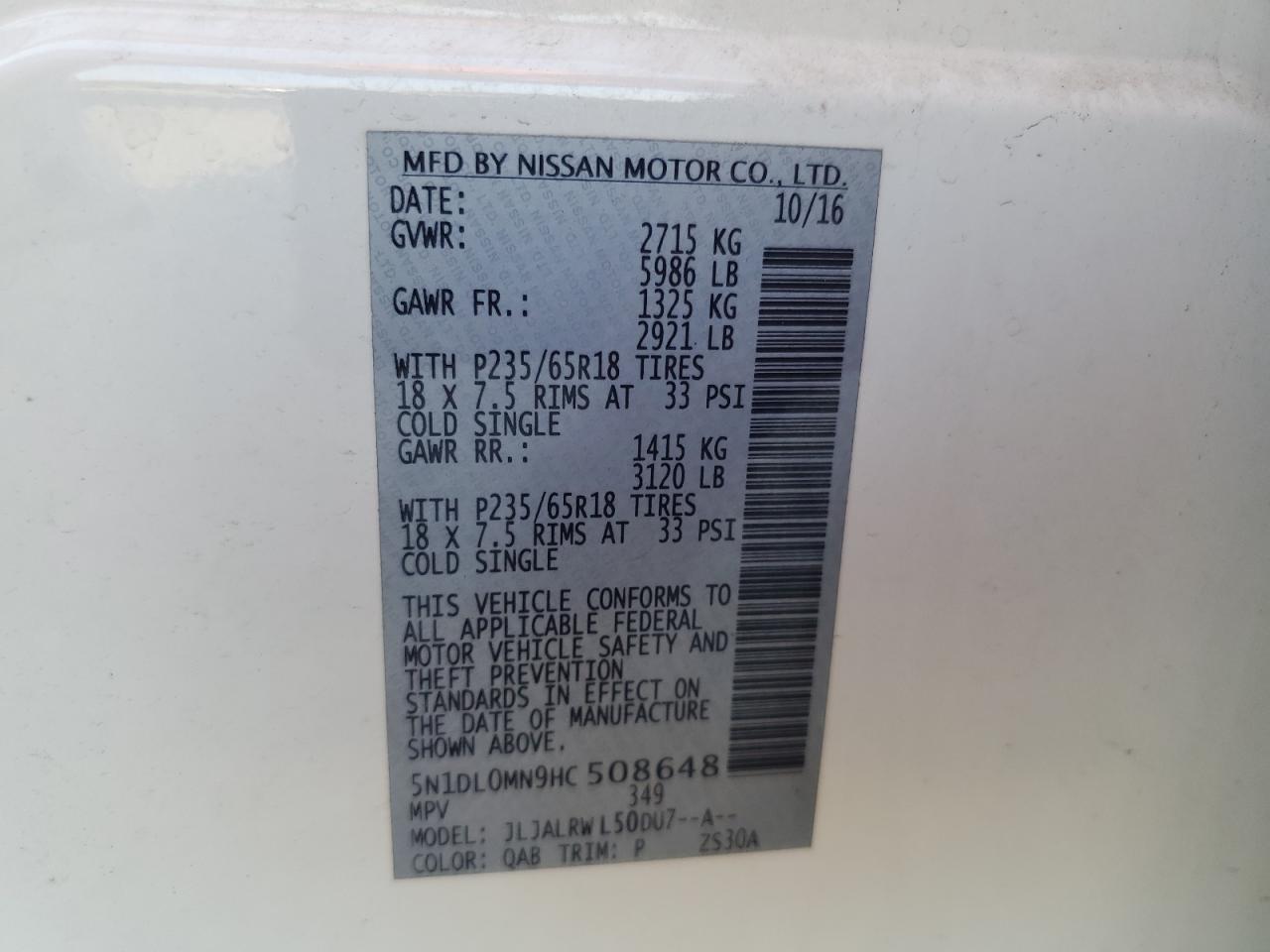 2017 Infiniti QX60 VIN 5N1DL0MN9HC508648 Copart auction photo, front end / rear end damage thumbnail 14