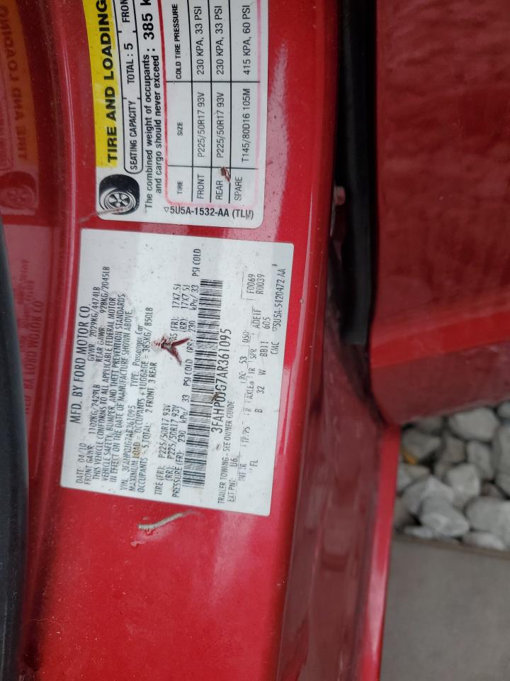 2010 Ford Fusion VIN 3FAHP0JG7AR361095 Copart auction photo, side / front end damage thumbnail 12