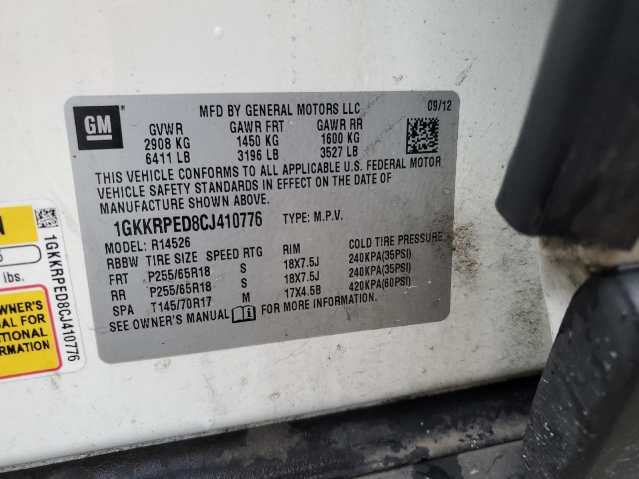 2012 GMC Acadia VIN 1GKKRPED8CJ410776 Copart auction photo, side / front end damage thumbnail 16