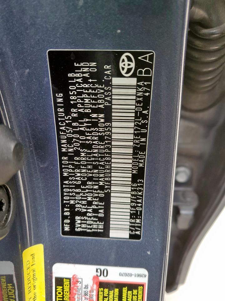 2015 Toyota Corolla VIN 5YFBURHE8FP317959 Copart auction photo, rear end damage thumbnail 12