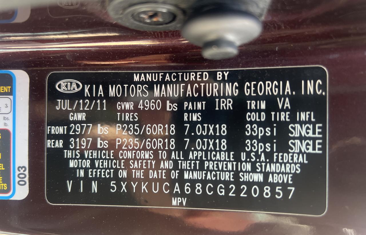 2012 KIA Sorento VIN 5XYKUCA68CG220857 Copart auction photo, damage history / normal wear damage thumbnail 10