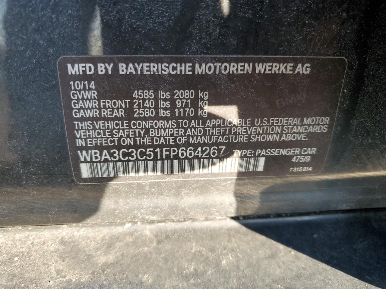 2015 BMW 3er VIN WBA3C3C51FP664267 Copart auction photo, side damage thumbnail 14