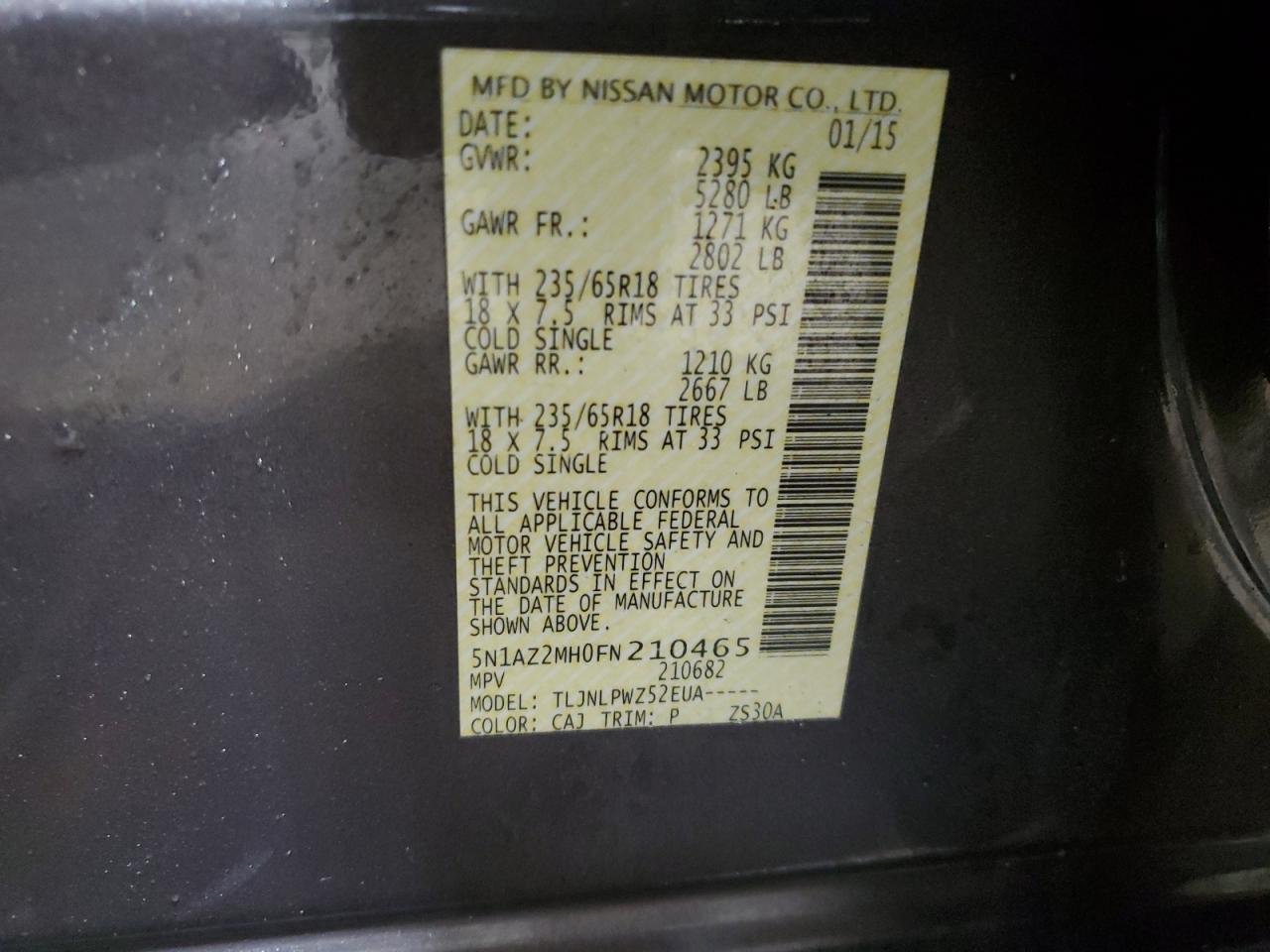 2015 Nissan Murano VIN 5N1AZ2MH0FN210465 Copart auction photo, front end / undercarriage damage thumbnail 14