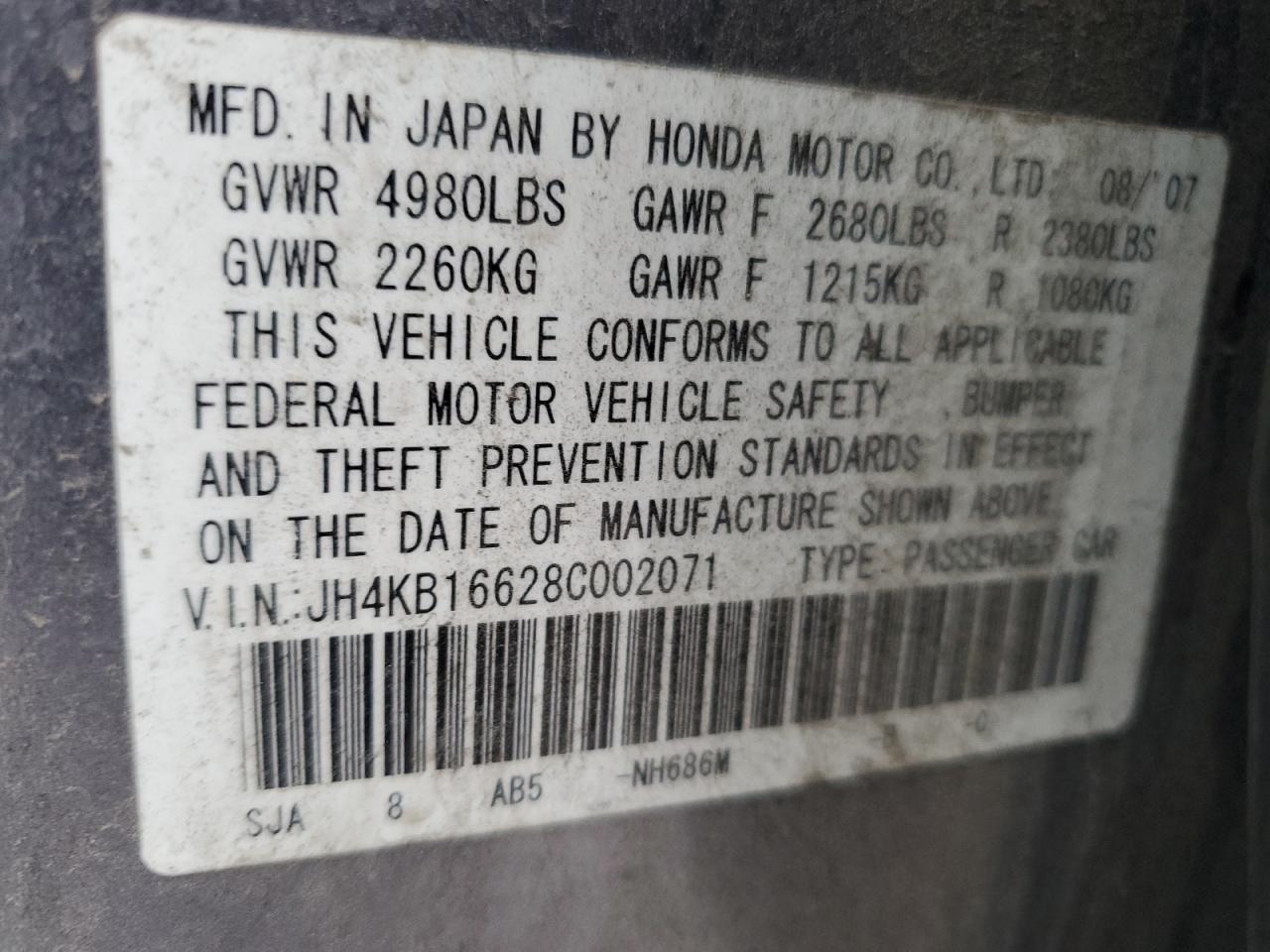 2008 Acura RL VIN JH4KB16628C002071 Copart auction photo, front end damage thumbnail 14