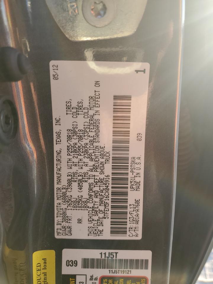 2012 Toyota Tundra VIN 5TFEM5F16CX045916 Copart auction photo, front end / minor dent/scratches damage thumbnail 13