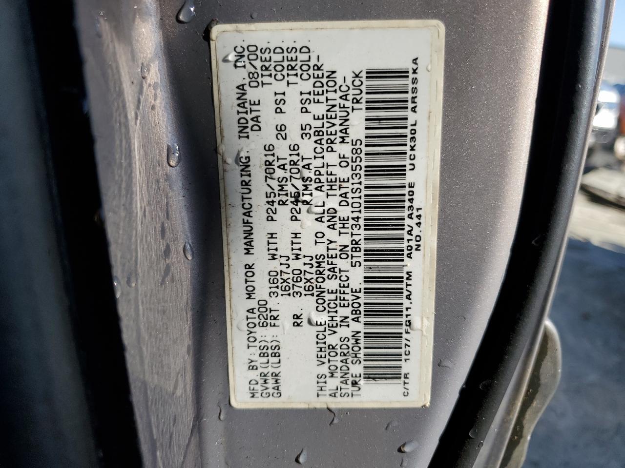 2001 Toyota Tundra VIN 5TBRT34101S135585 Copart auction photo, top/roof damage thumbnail 12