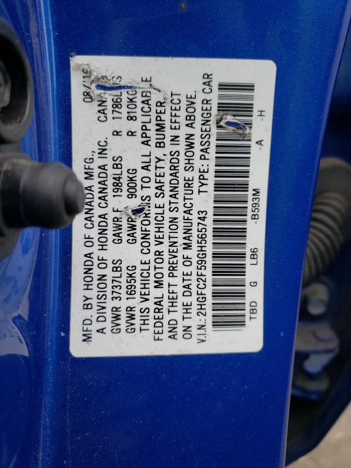 2016 Honda Civic VIN 2HGFC2F59GH565743 Copart auction photo, rear end / front end damage thumbnail 12