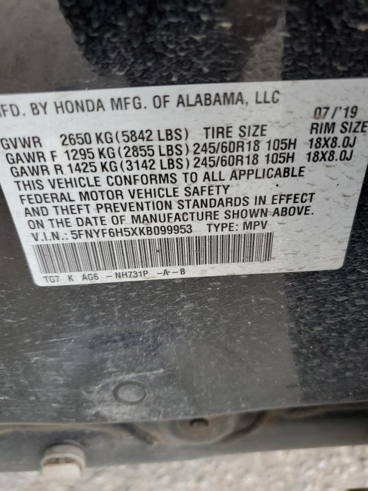 2019 Honda Pilot VIN 5FNYF6H5XKB099953 Copart auction photo, side / front end damage thumbnail 13