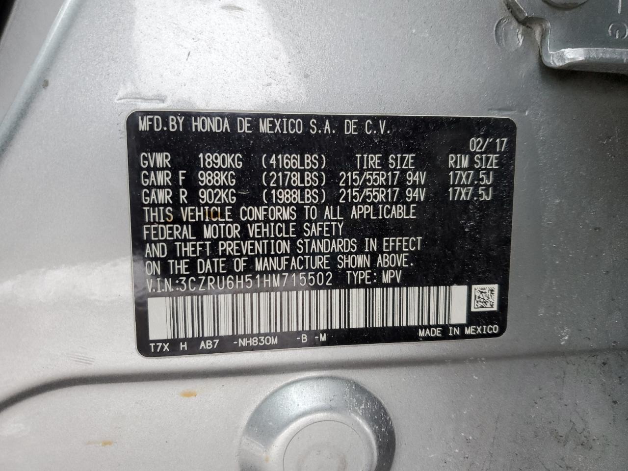 2017 Honda HR-V VIN 3CZRU6H51HM715502 Copart auction photo, front end / minor dent/scratches damage thumbnail 14