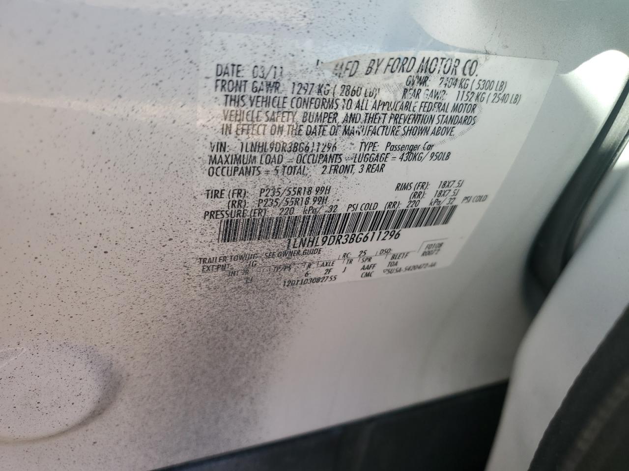 2011 Lincoln MKS VIN 1LNHL9DR3BG611296 Copart auction photo, top/roof / minor dent/scratches damage thumbnail 12