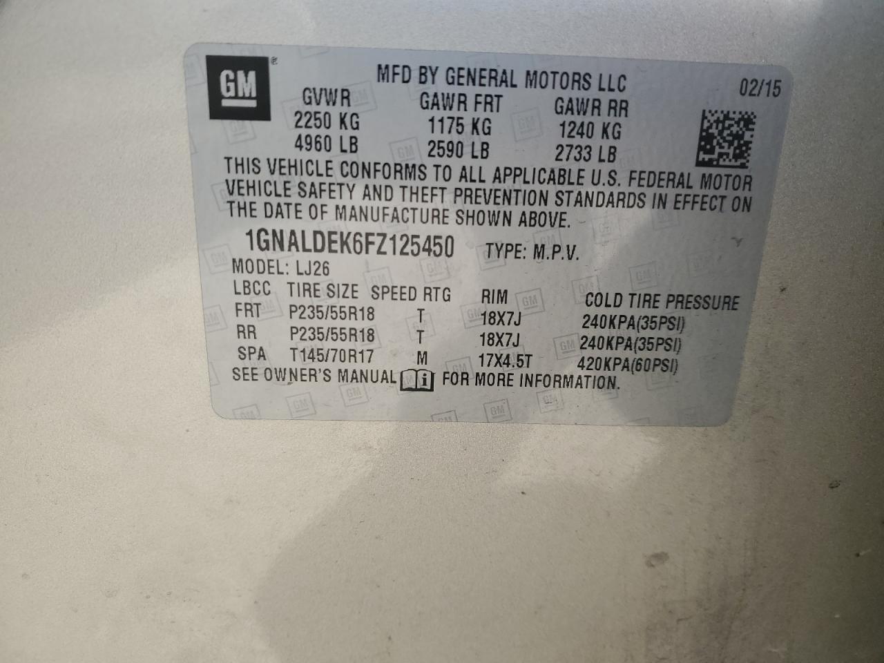 2015 Chevrolet Equinox VIN 1GNALDEK6FZ125450 Copart auction photo, front end damage thumbnail 13