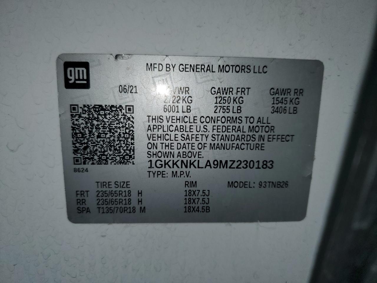 2021 GMC Acadia VIN 1GKKNKLA9MZ230183 Copart auction photo, rear end / side damage thumbnail 12